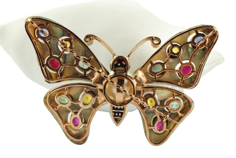 Australian Pearl, Diamonds, Emeralds, Rubies, Sapphires, Retro Butterfly Brooch For Sale 2