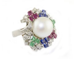 Australian Pearl Diamonds Rubies Sapphires Emeralds White Gold Cocktail Ring