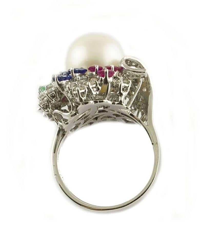 Retro Australian Pearl Diamonds Rubies Sapphires Emeralds White Gold Cocktail Ring For Sale