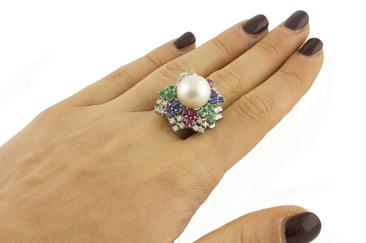 Mixed Cut Australian Pearl Diamonds Rubies Sapphires Emeralds White Gold Cocktail Ring For Sale