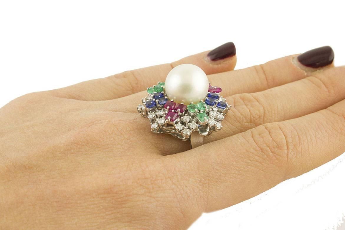 Women's Australian Pearl Diamonds Rubies Sapphires Emeralds White Gold Cocktail Ring For Sale