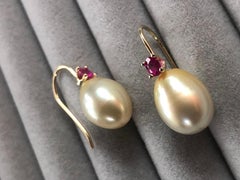 Australian Pearl Earrings with Ruby 14 Karat Yellow Gold