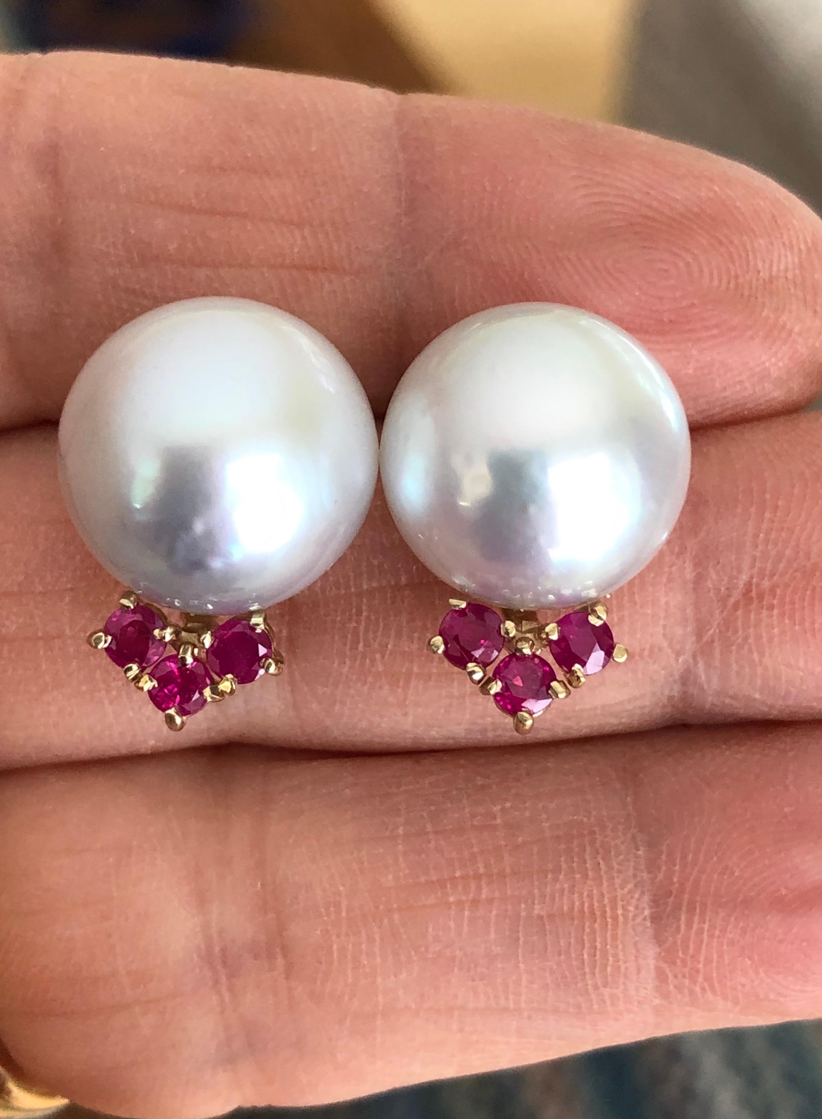 Contemporary Australian Pearl Earrings with Ruby 14 Karat Yellow Gold