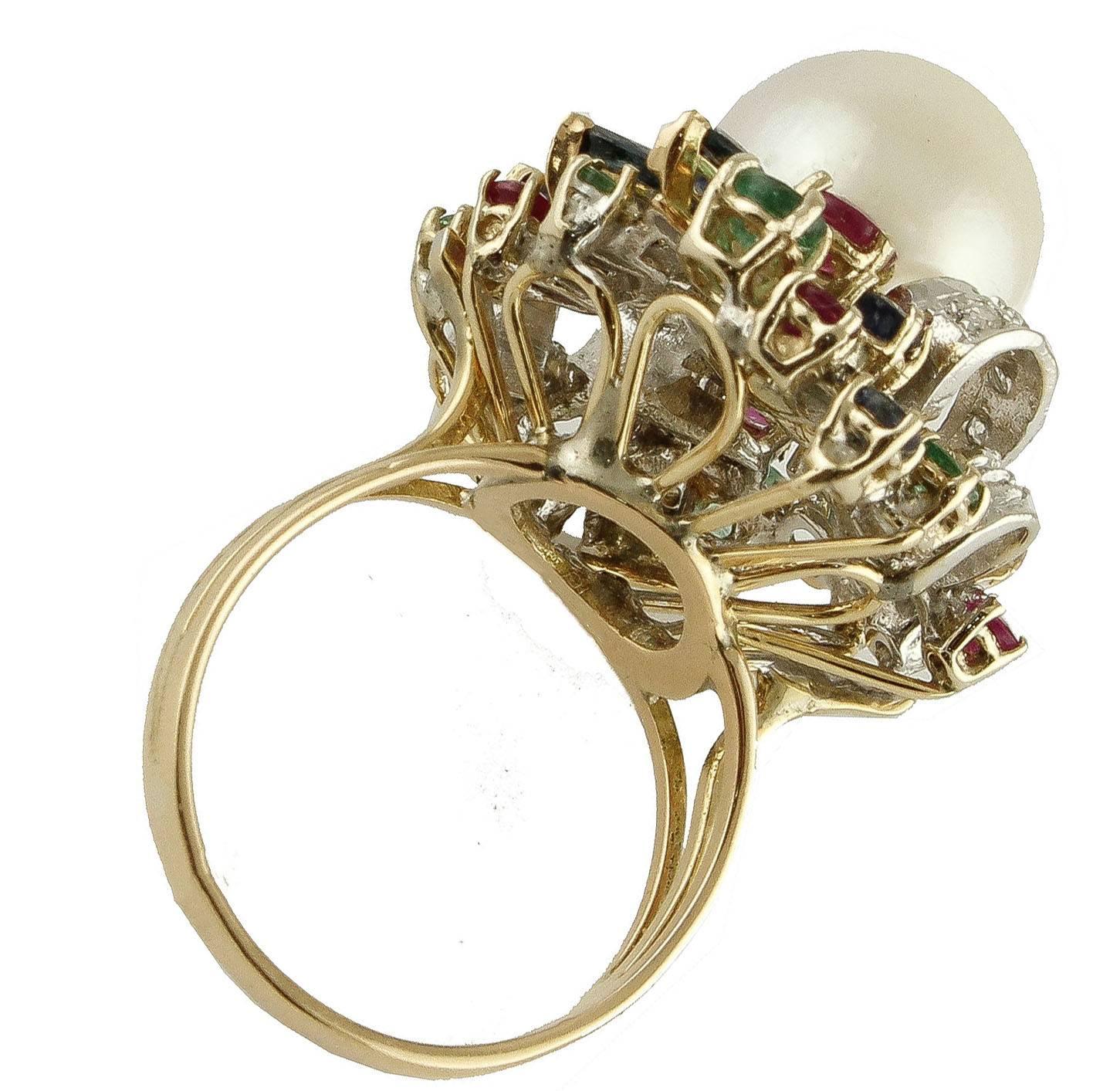 Australian Pearl Multiple Gem White and Rose Gold Ring In Good Condition In Marcianise, Marcianise (CE)