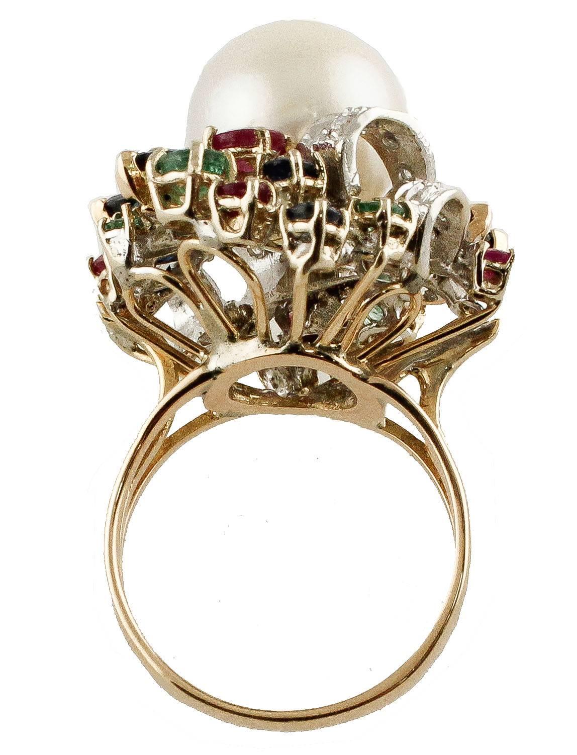 Women's Australian Pearl Multiple Gem White and Rose Gold Ring