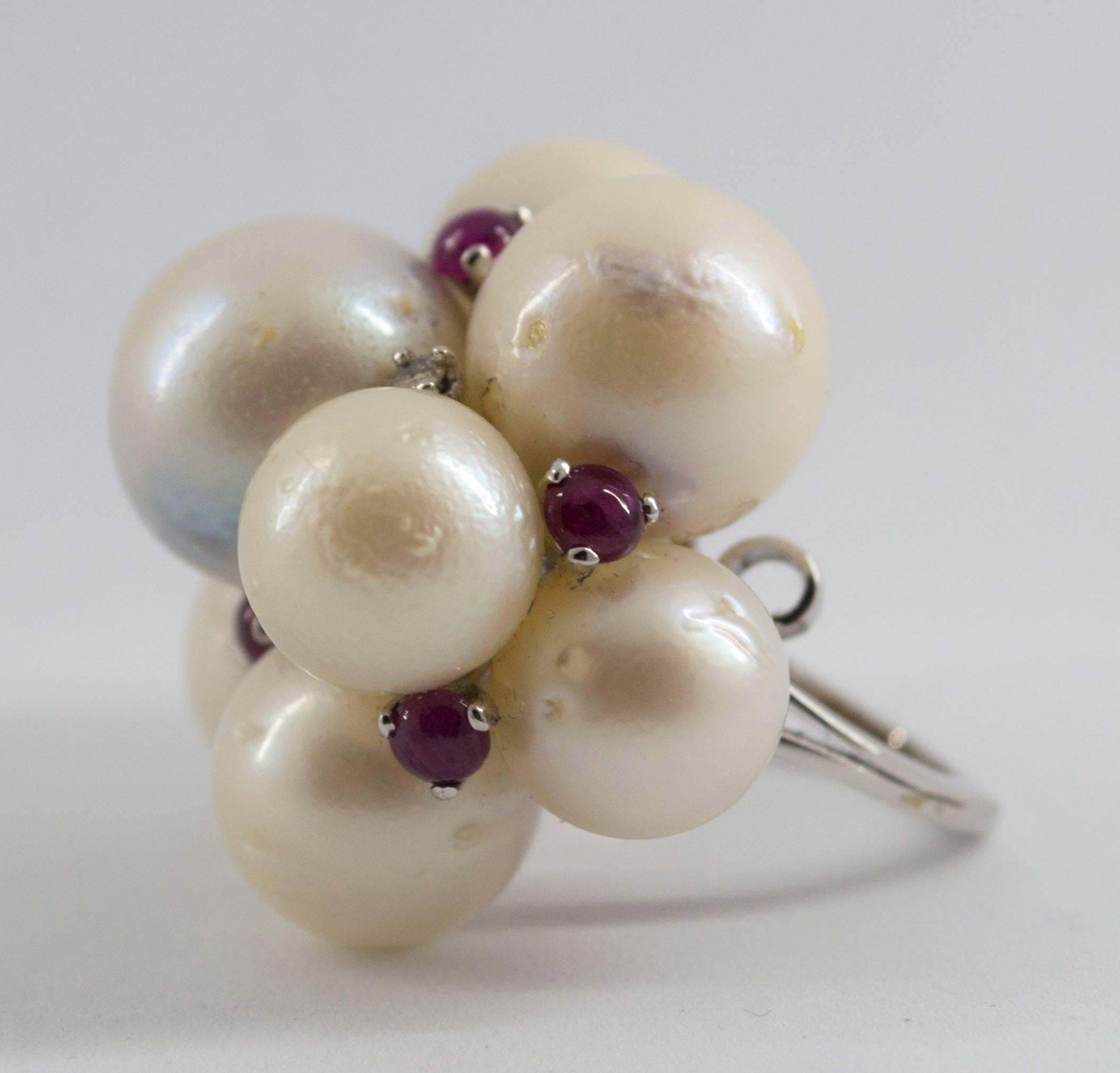 Australian Pearl Ruby Diamond White Gold Cocktail Ring In New Condition In Naples, IT