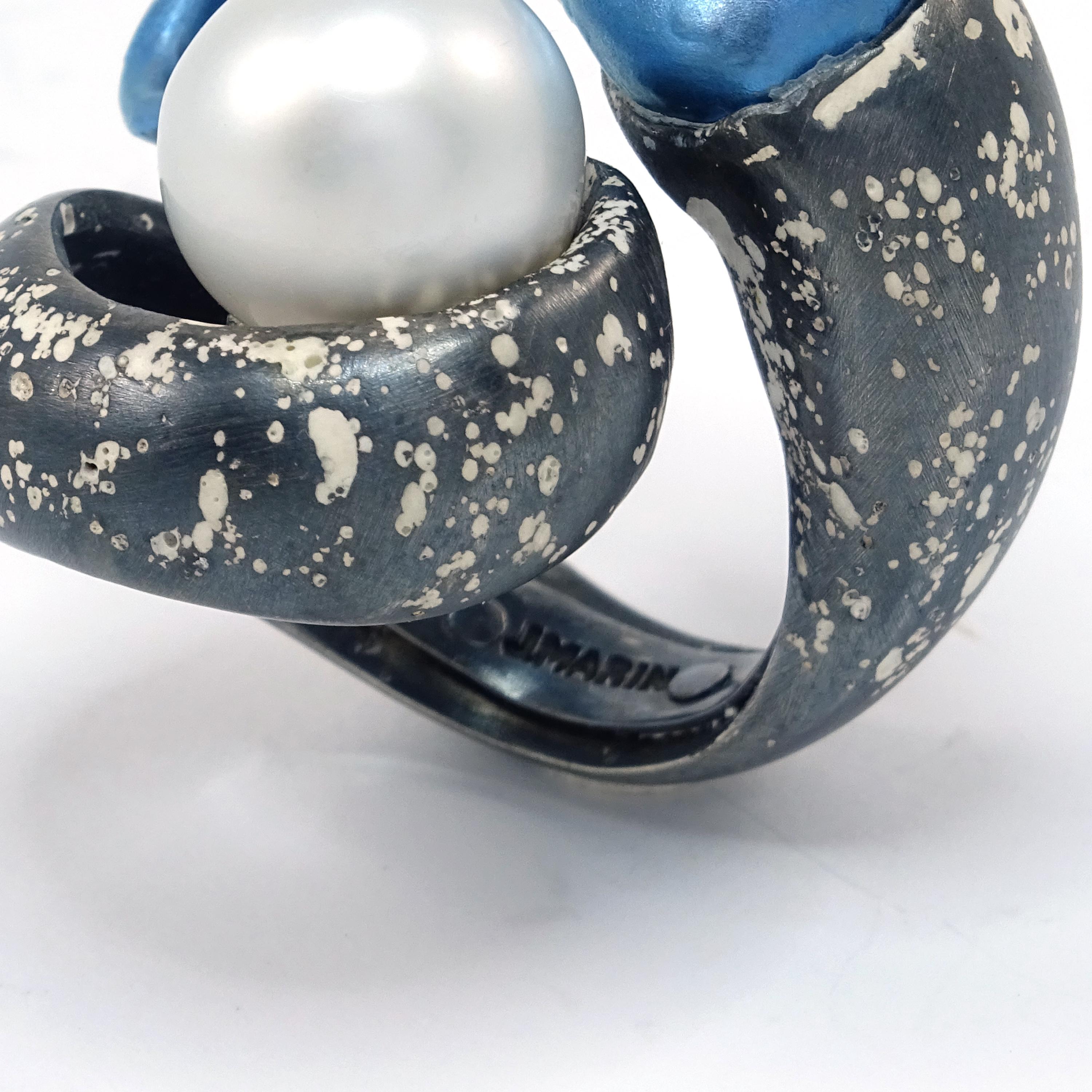 Jose Marin. Australian Pearl Titanium Sterling Silver Black Cocktail Ring  For Sale 1