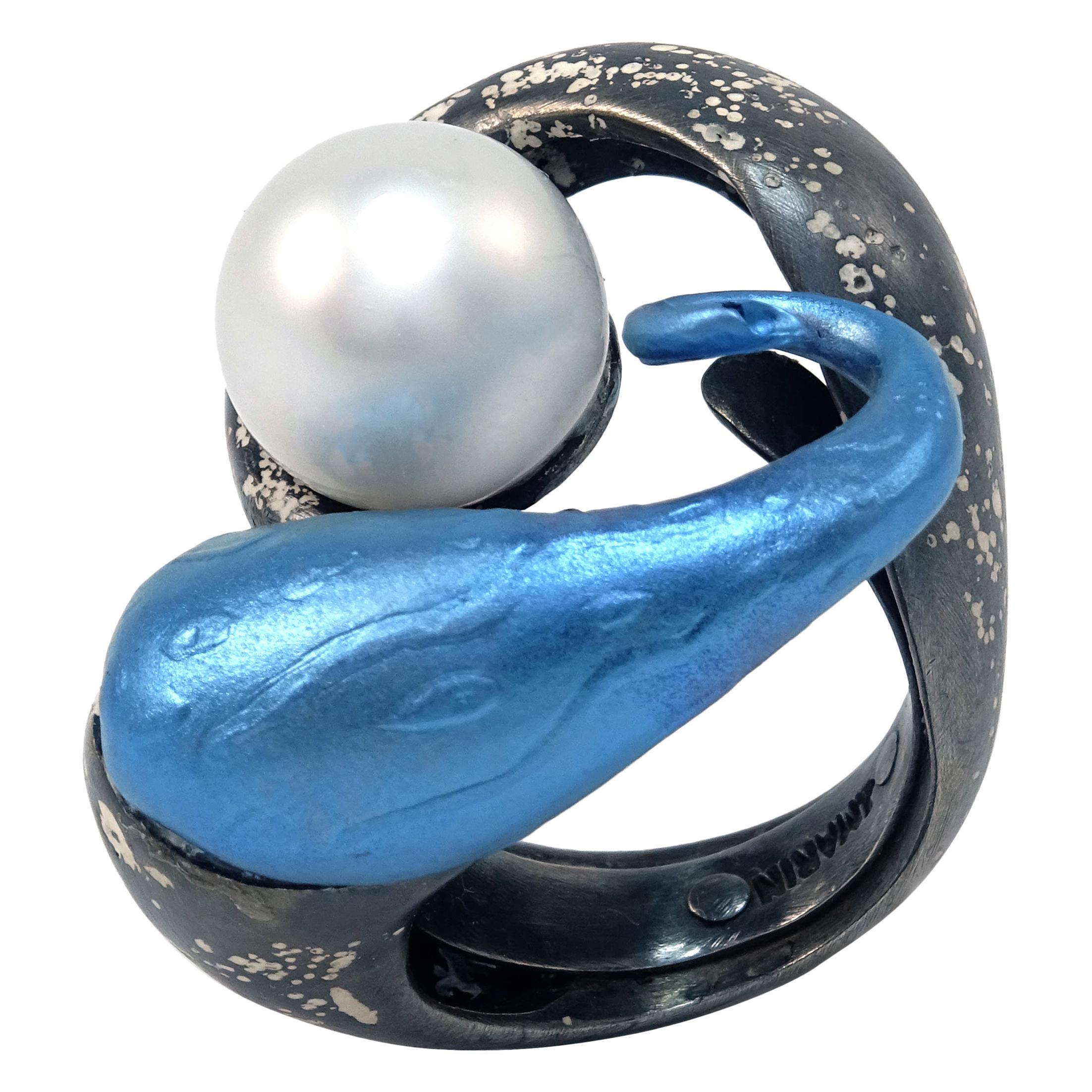 Jose Marin. Australian Pearl Titanium Sterling Silver Black Cocktail Ring  For Sale