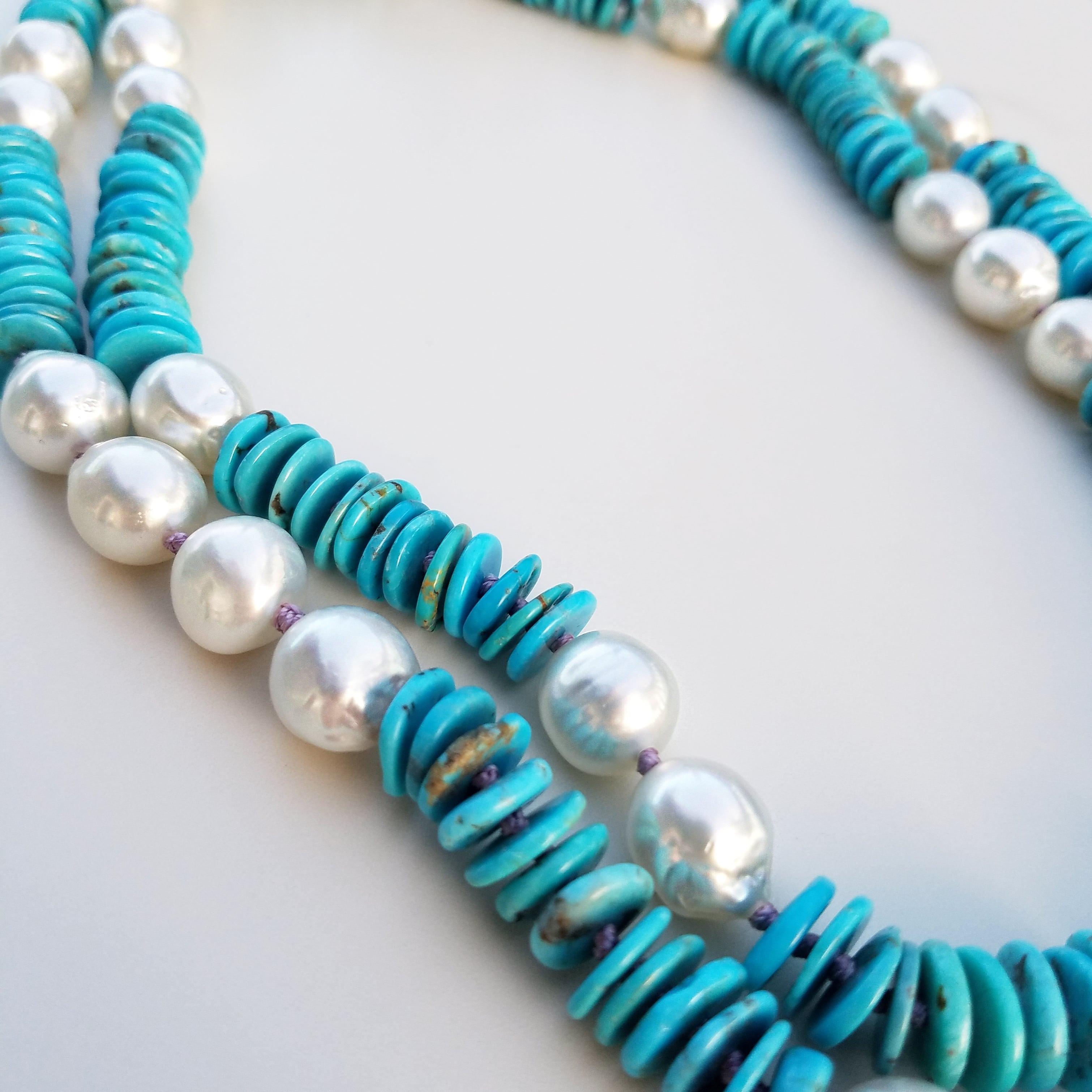 Artisan Australian Pearl and Turquoise Necklace For Sale