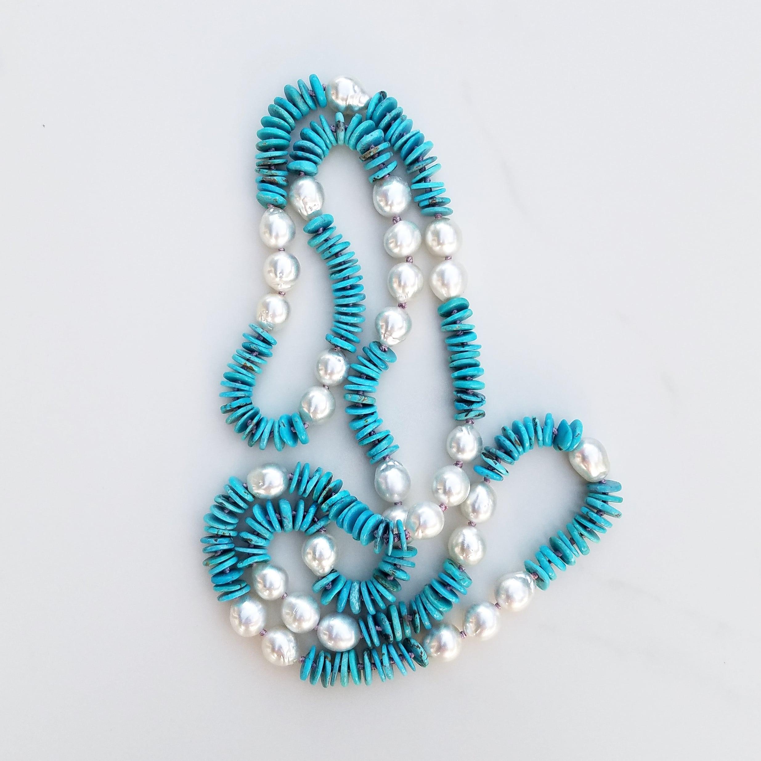 Bead Australian Pearl and Turquoise Necklace For Sale