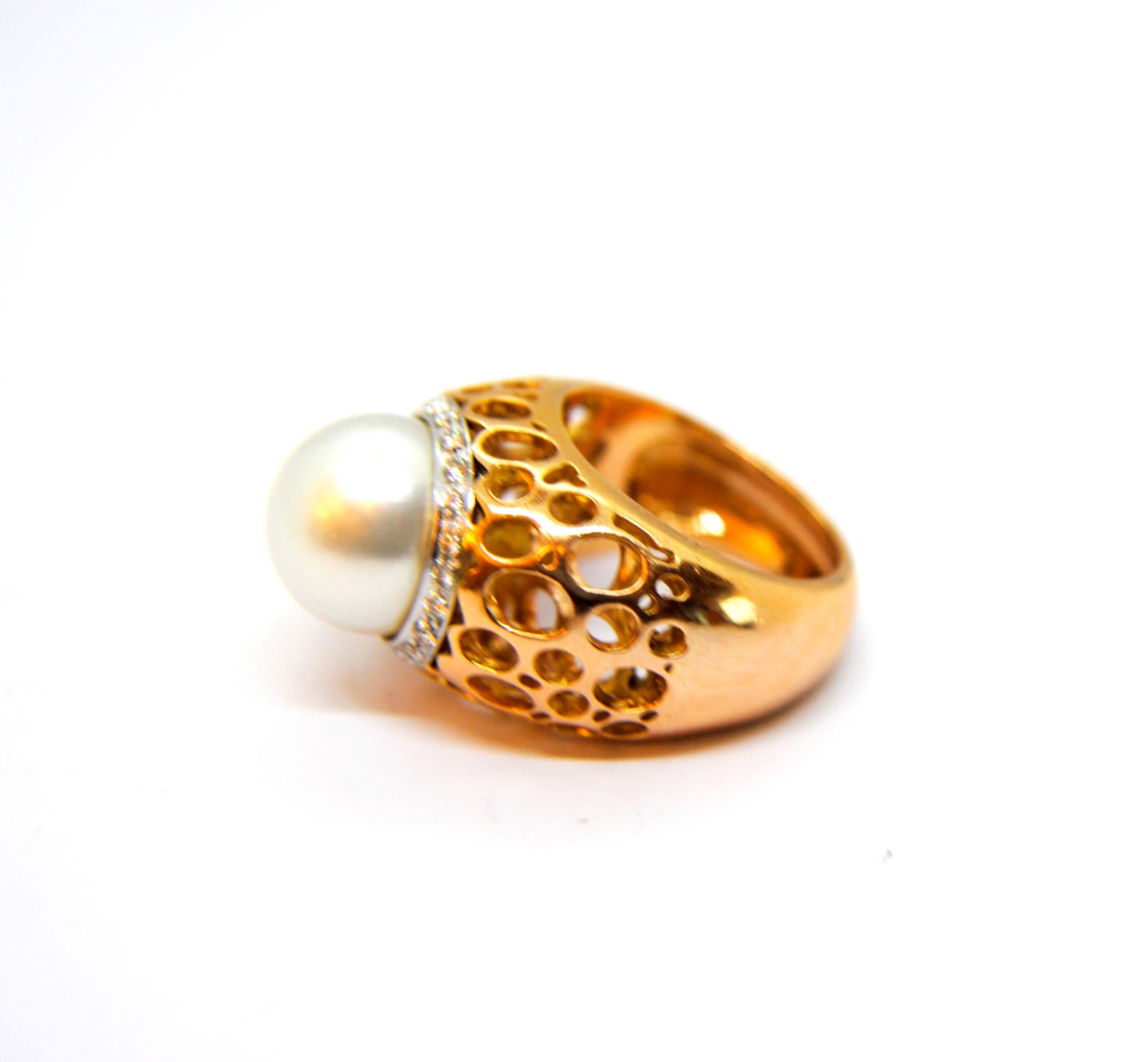 Women's Australian Pearl with Diamonds and Arabesque Design in 18 Karat Pink Gold Ring For Sale