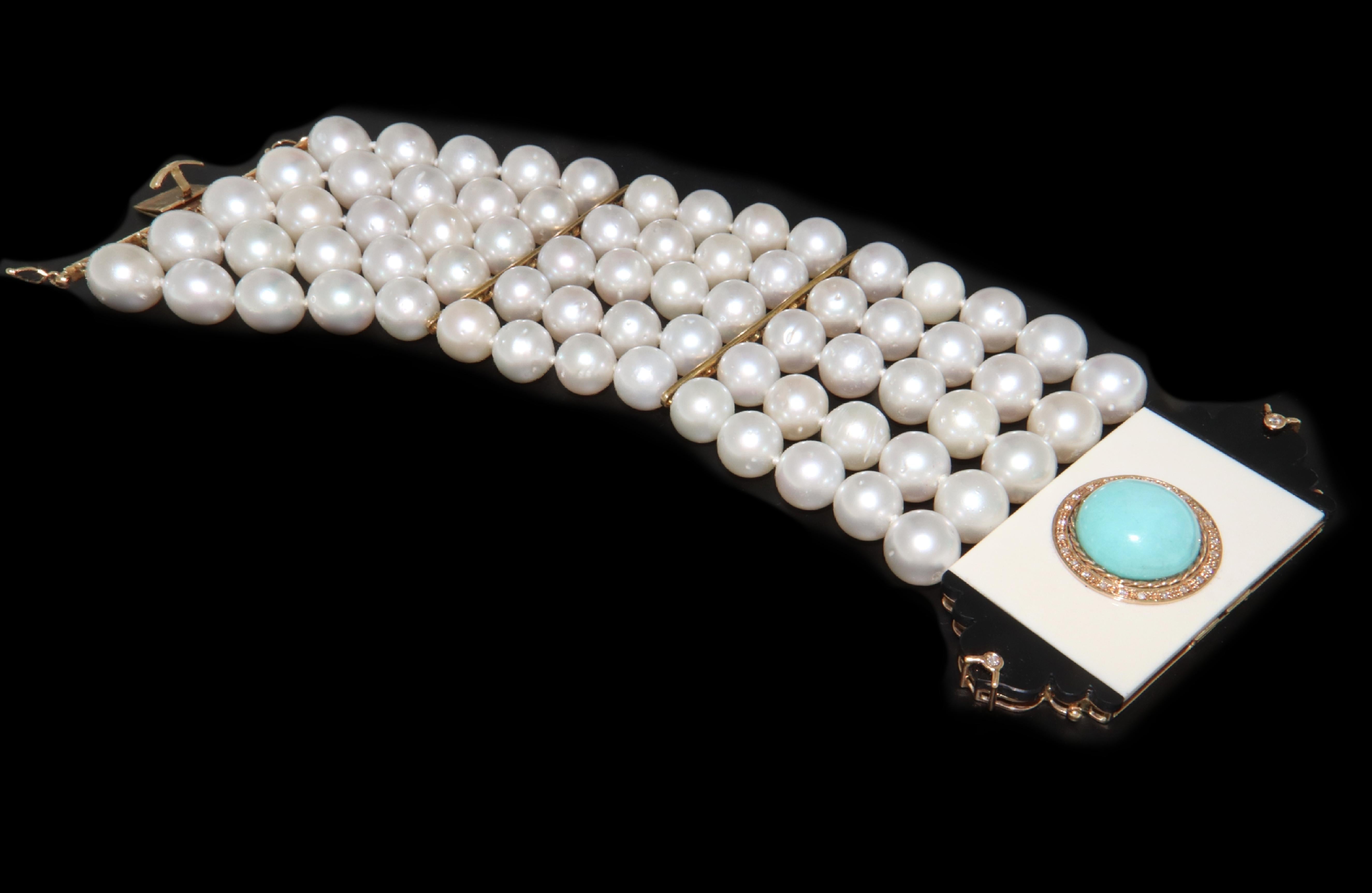 Artisan Australian Pearls 14 Karat Gold Diamonds Turquoise Onyx Cuff Bracelet For Sale