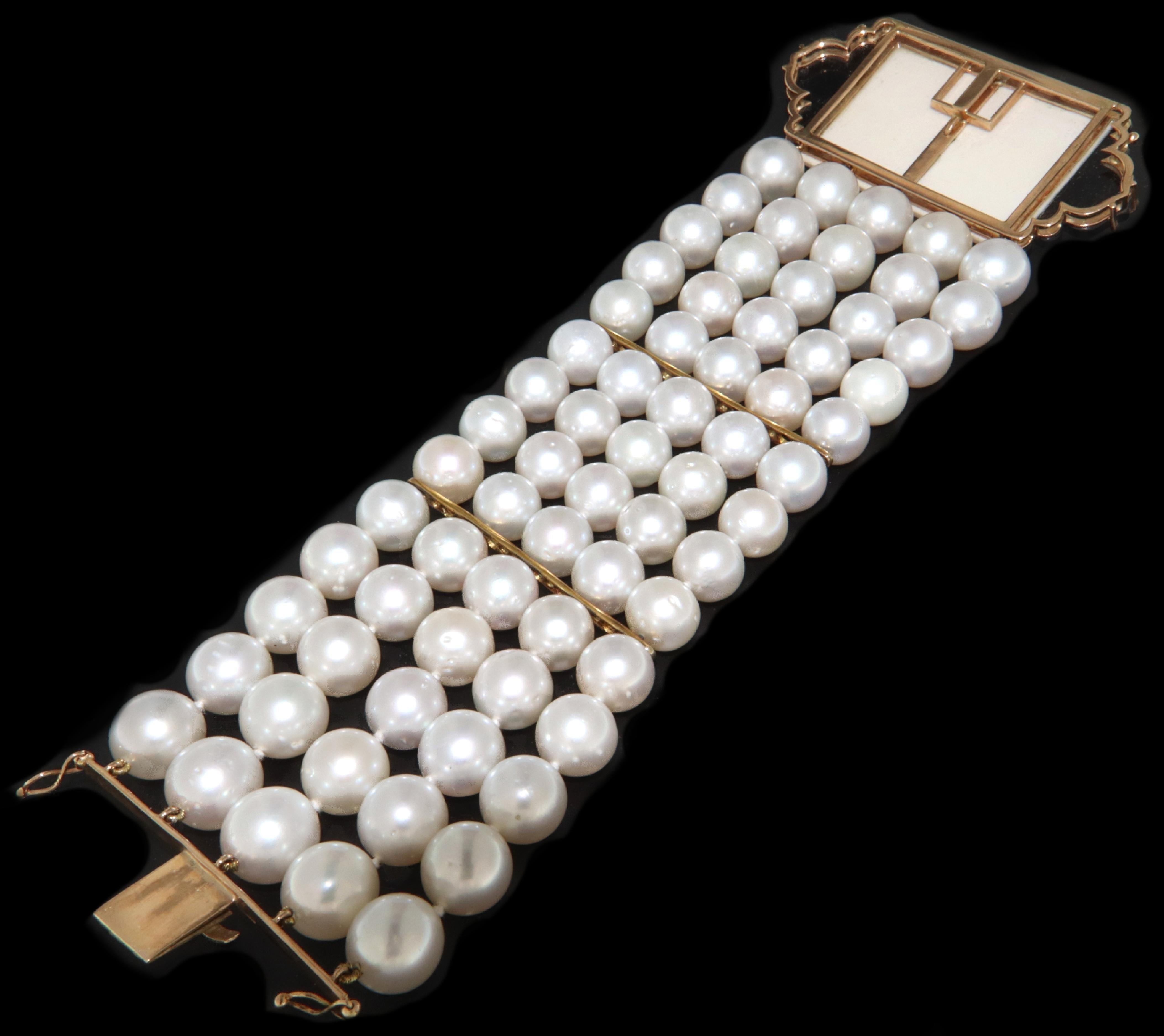 Mixed Cut Australian Pearls 14 Karat Gold Diamonds Turquoise Onyx Cuff Bracelet For Sale