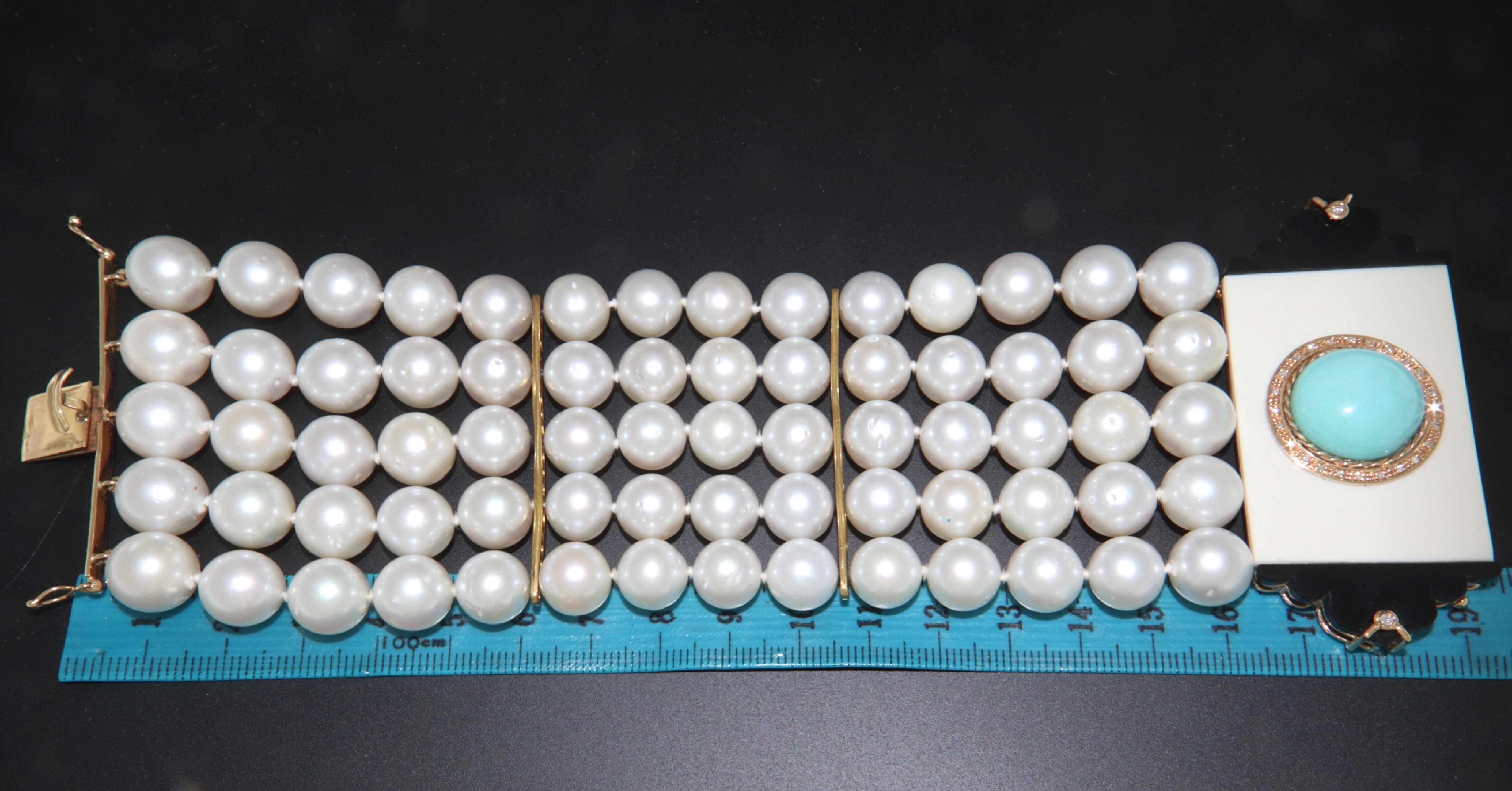 Australian Pearls 14 Karat Gold Diamonds Turquoise Onyx Cuff Bracelet In New Condition For Sale In Marcianise, IT
