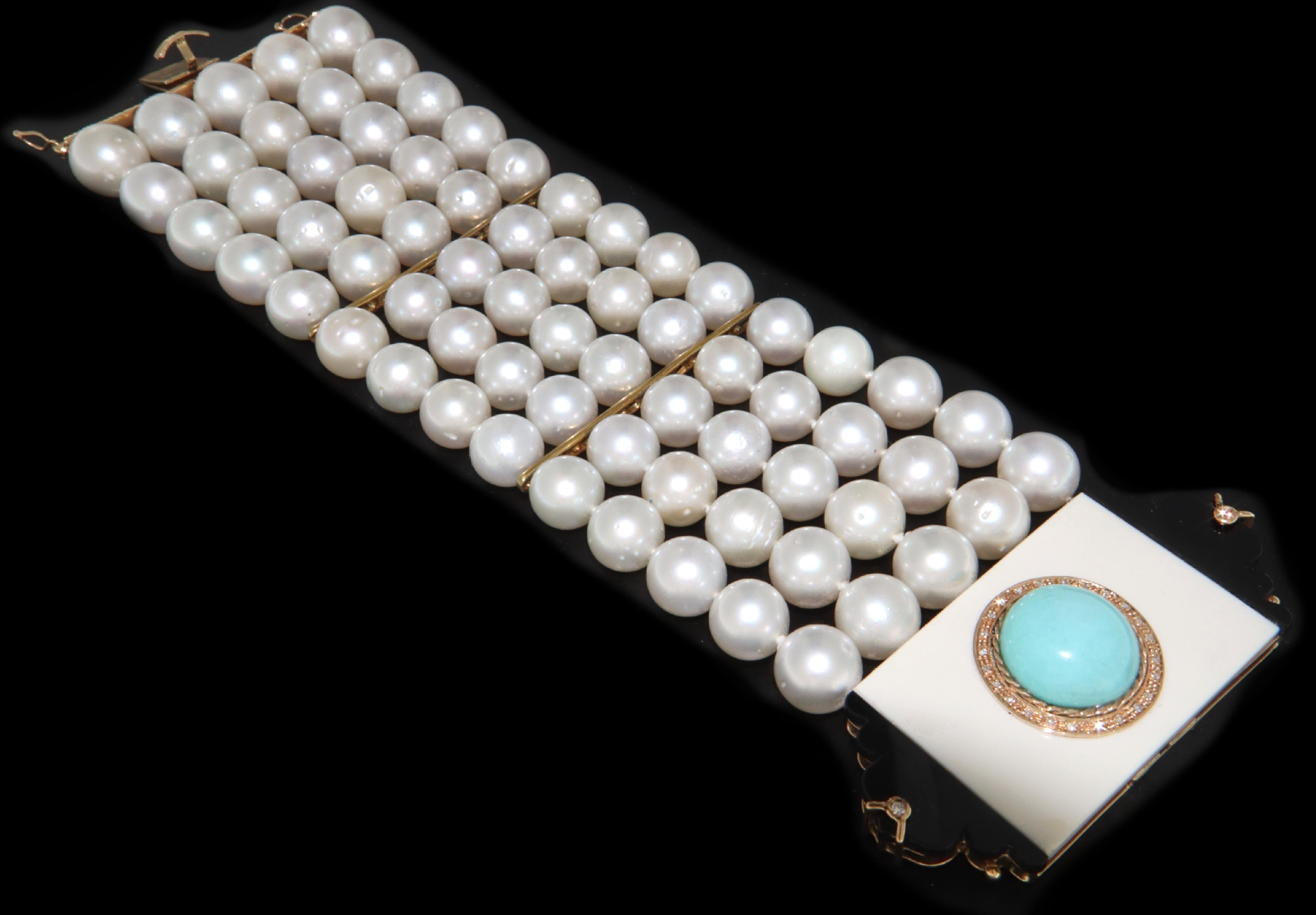 Women's or Men's Australian Pearls 14 Karat Gold Diamonds Turquoise Onyx Cuff Bracelet For Sale