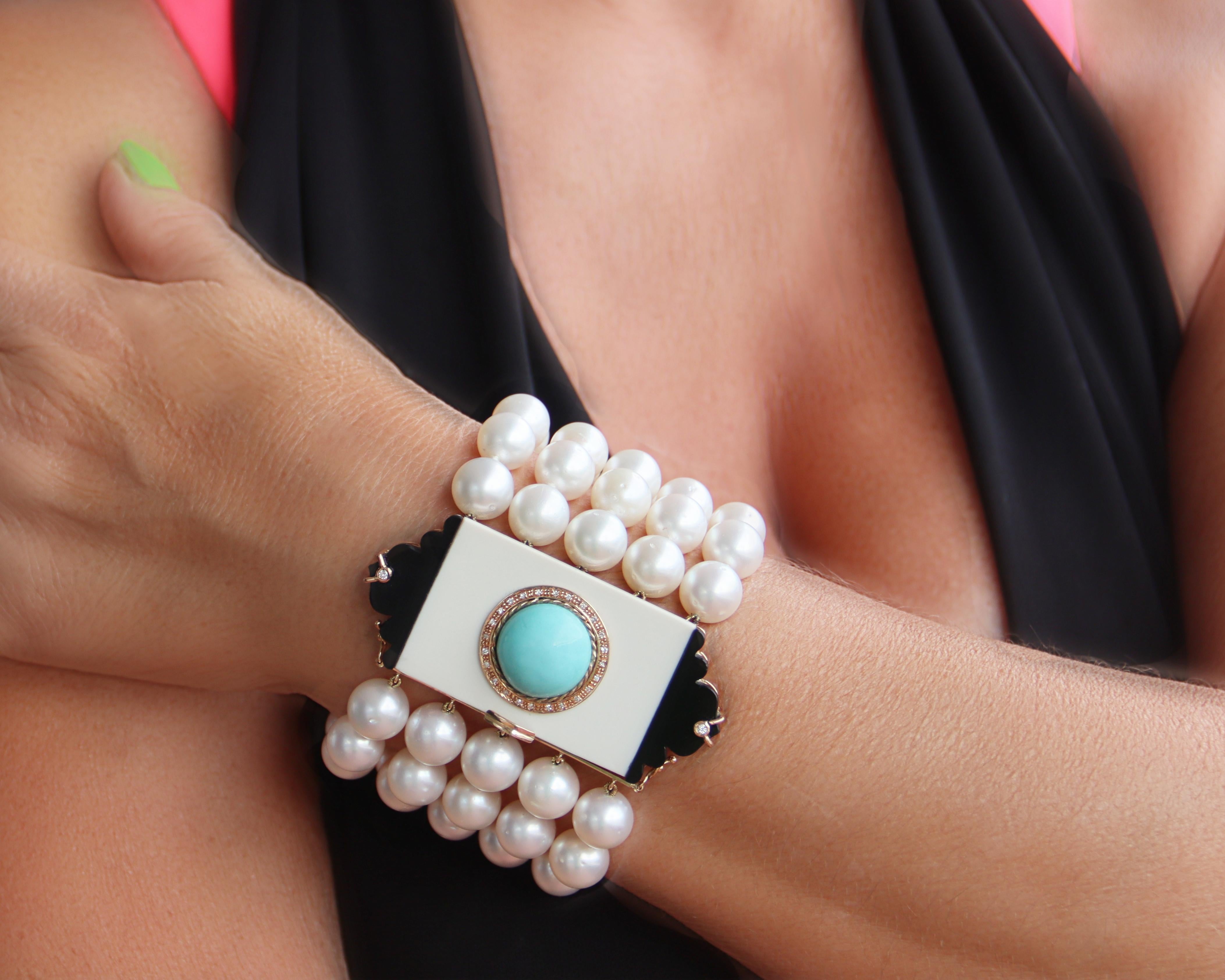 Australian Pearls 14 Karat Gold Diamonds Turquoise Onyx Cuff Bracelet For Sale 1