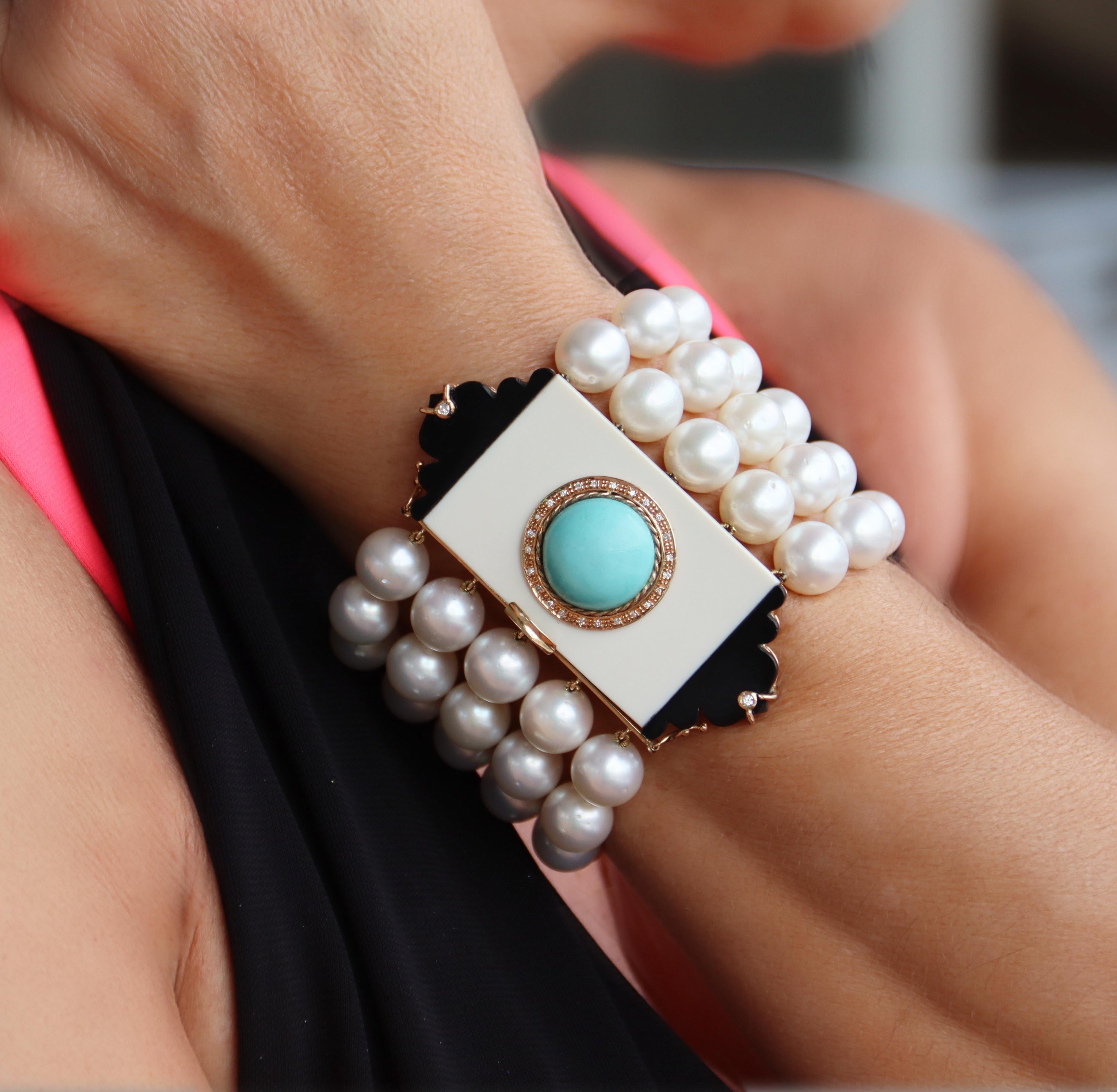 Australian Pearls 14 Karat Gold Diamonds Turquoise Onyx Cuff Bracelet For Sale 2