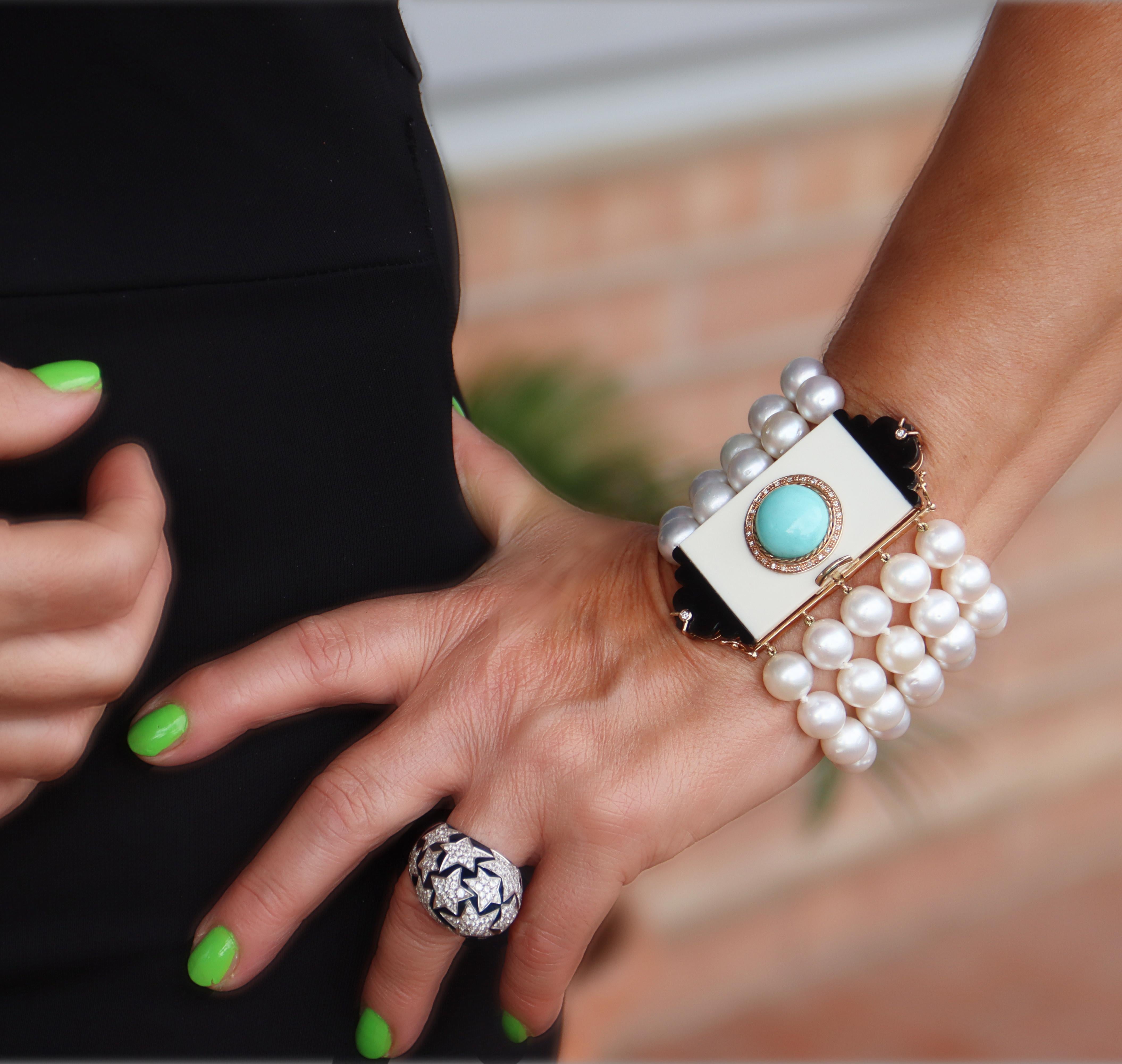 Australian Pearls 14 Karat Gold Diamonds Turquoise Onyx Cuff Bracelet For Sale 3