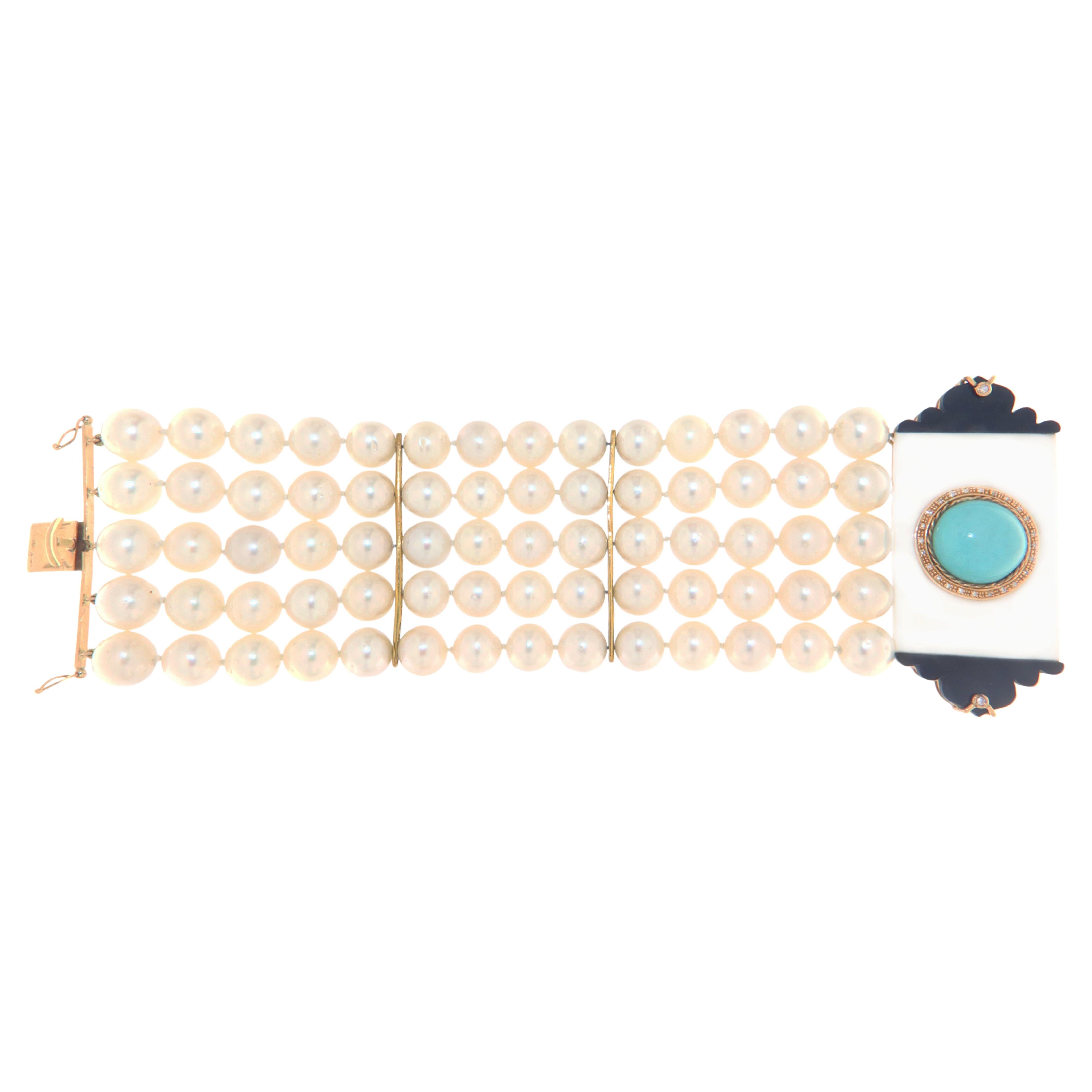 Australian Pearls 14 Karat Gold Diamonds Turquoise Onyx Cuff Bracelet