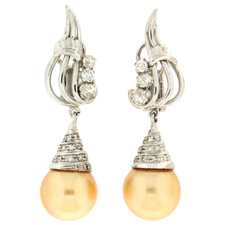Australian Pearls 18 Karat White Gold Diamonds Drop Earrings For Sale