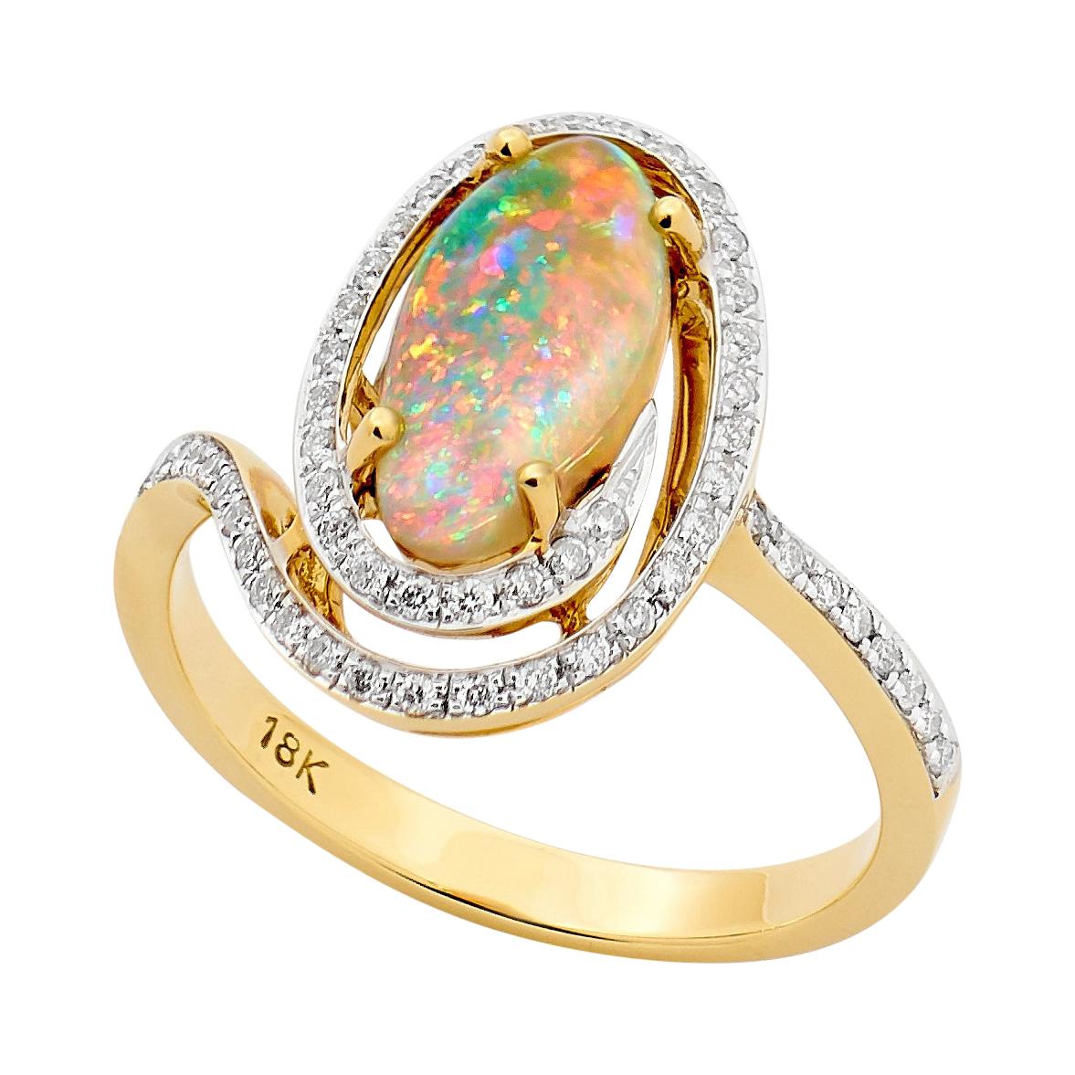 Natural Untreated Australian Pipe Opal/Diamond Engagement Ring 18K Yellow Gold For Sale