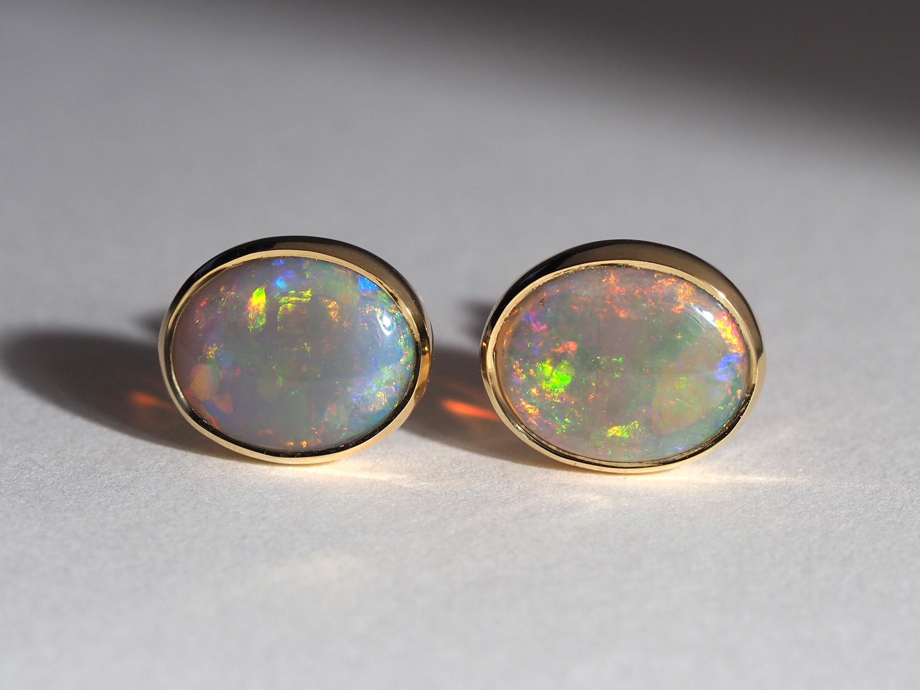 Australian Precious Opal 18K Yellow Gold Stud Earrings For Sale 5