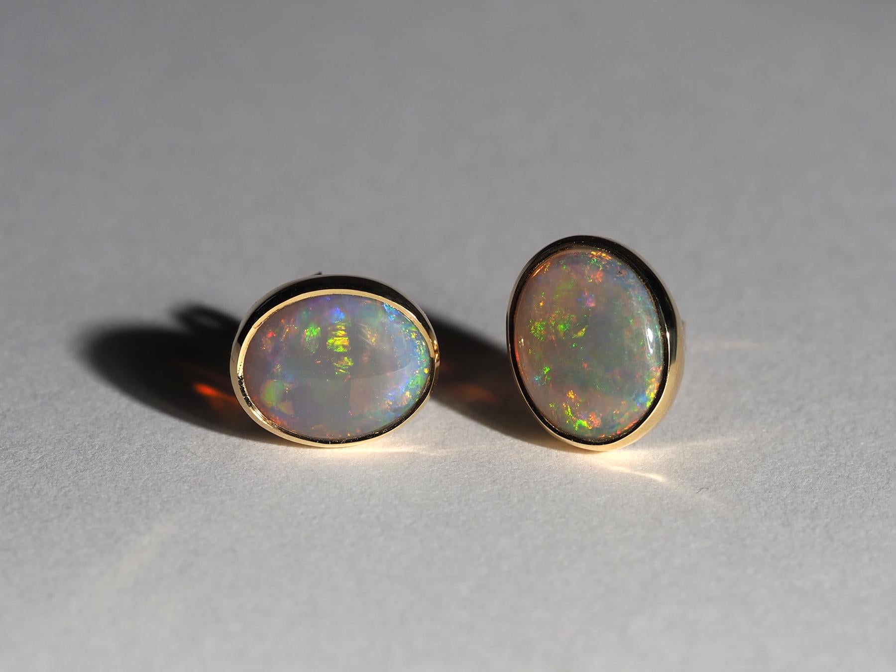 Australian Precious Opal 18K Yellow Gold Stud Earrings For Sale 6