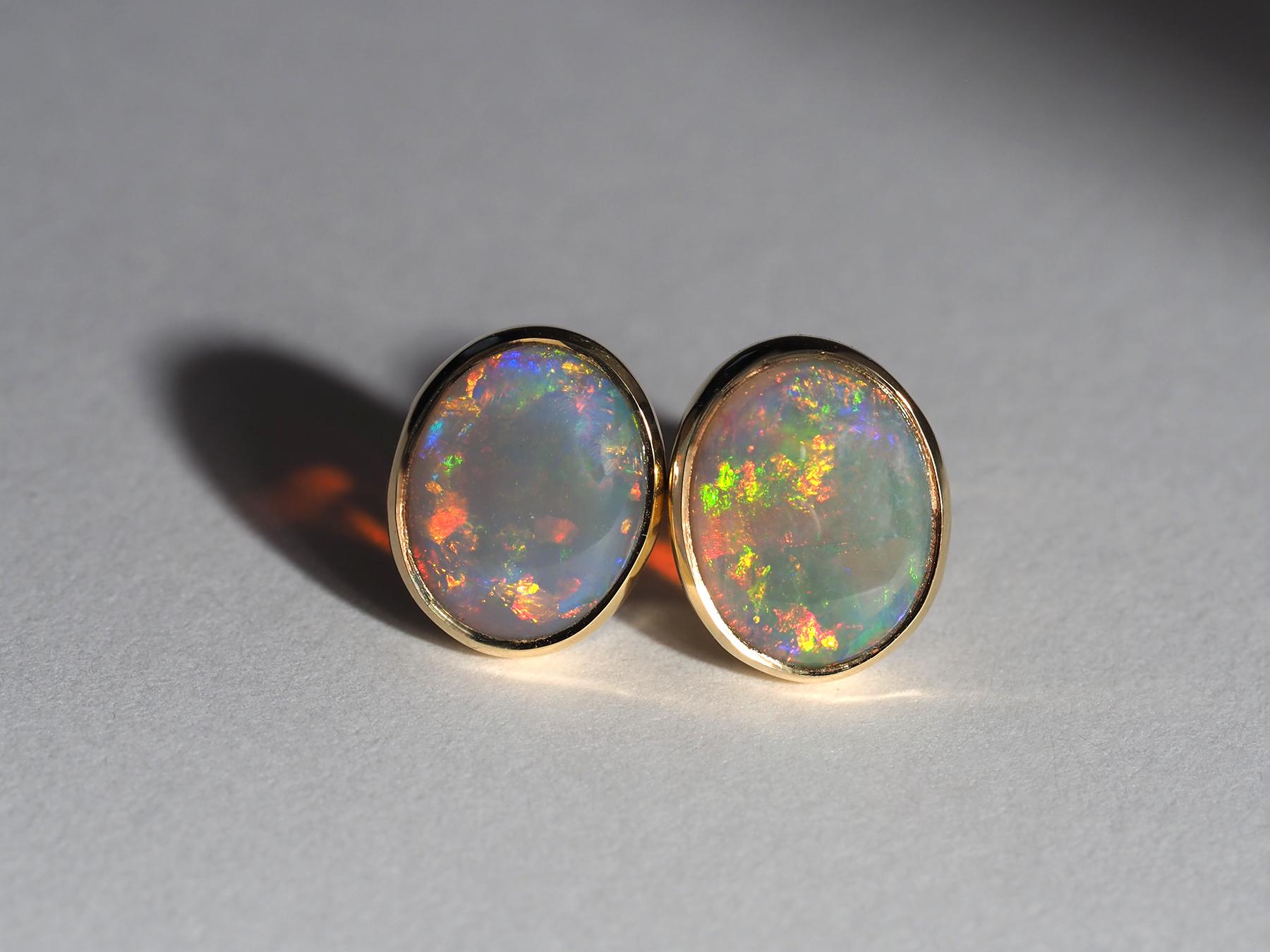 Australian Precious Opal 18K Yellow Gold Stud Earrings For Sale 7