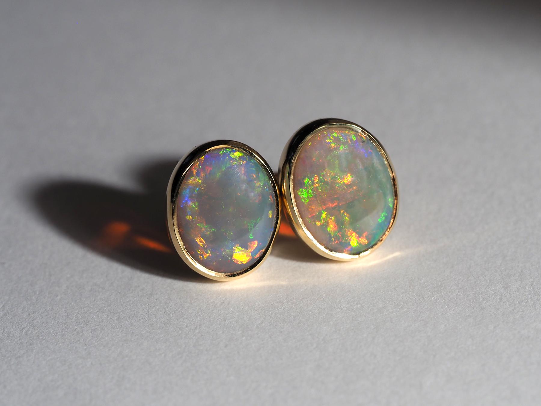 Australian Precious Opal 18K Yellow Gold Stud Earrings For Sale 8
