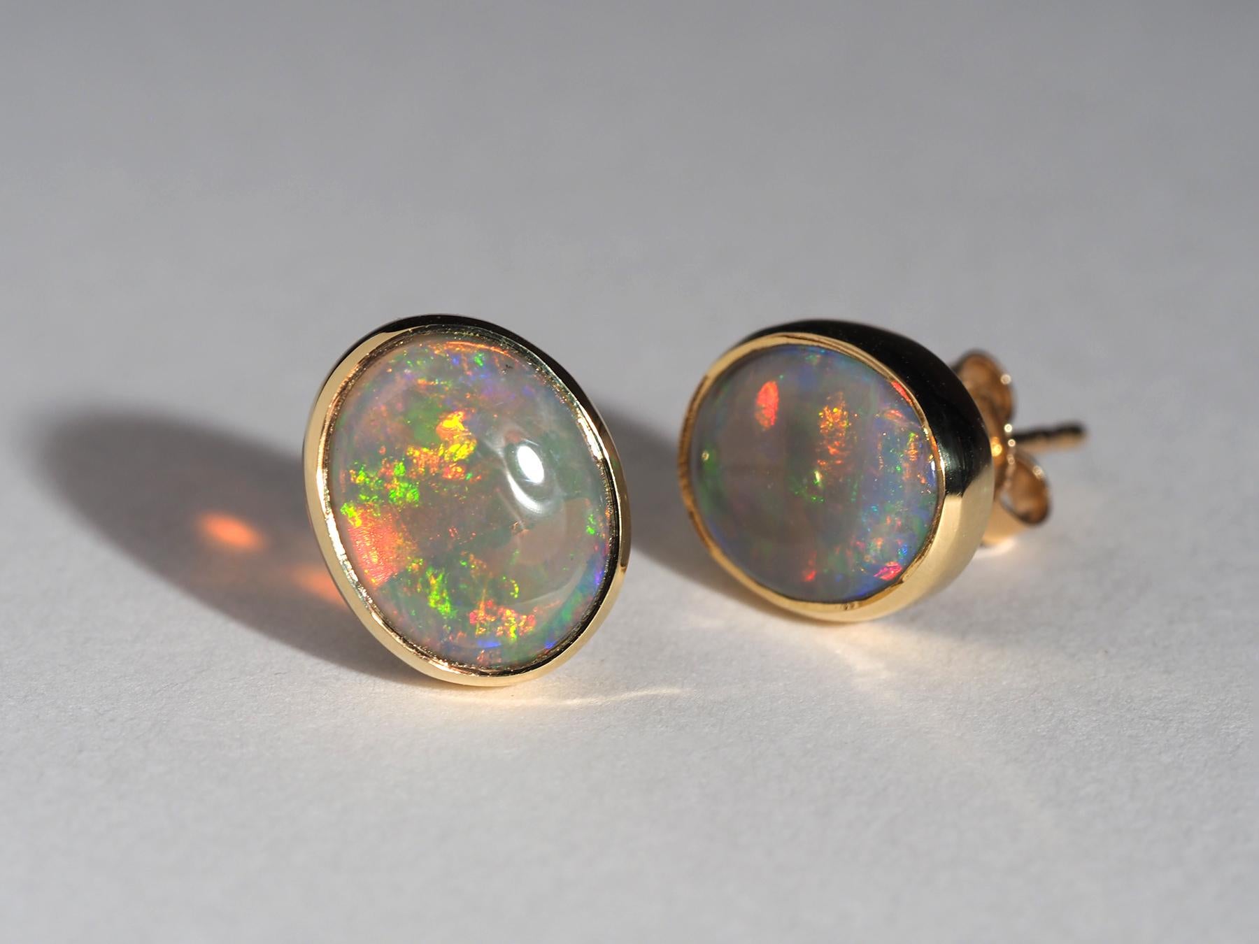 Australian Precious Opal 18K Yellow Gold Stud Earrings For Sale 9