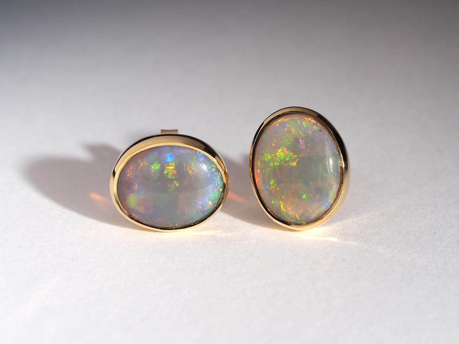Artisan Australian Precious Opal 18K Yellow Gold Stud Earrings For Sale