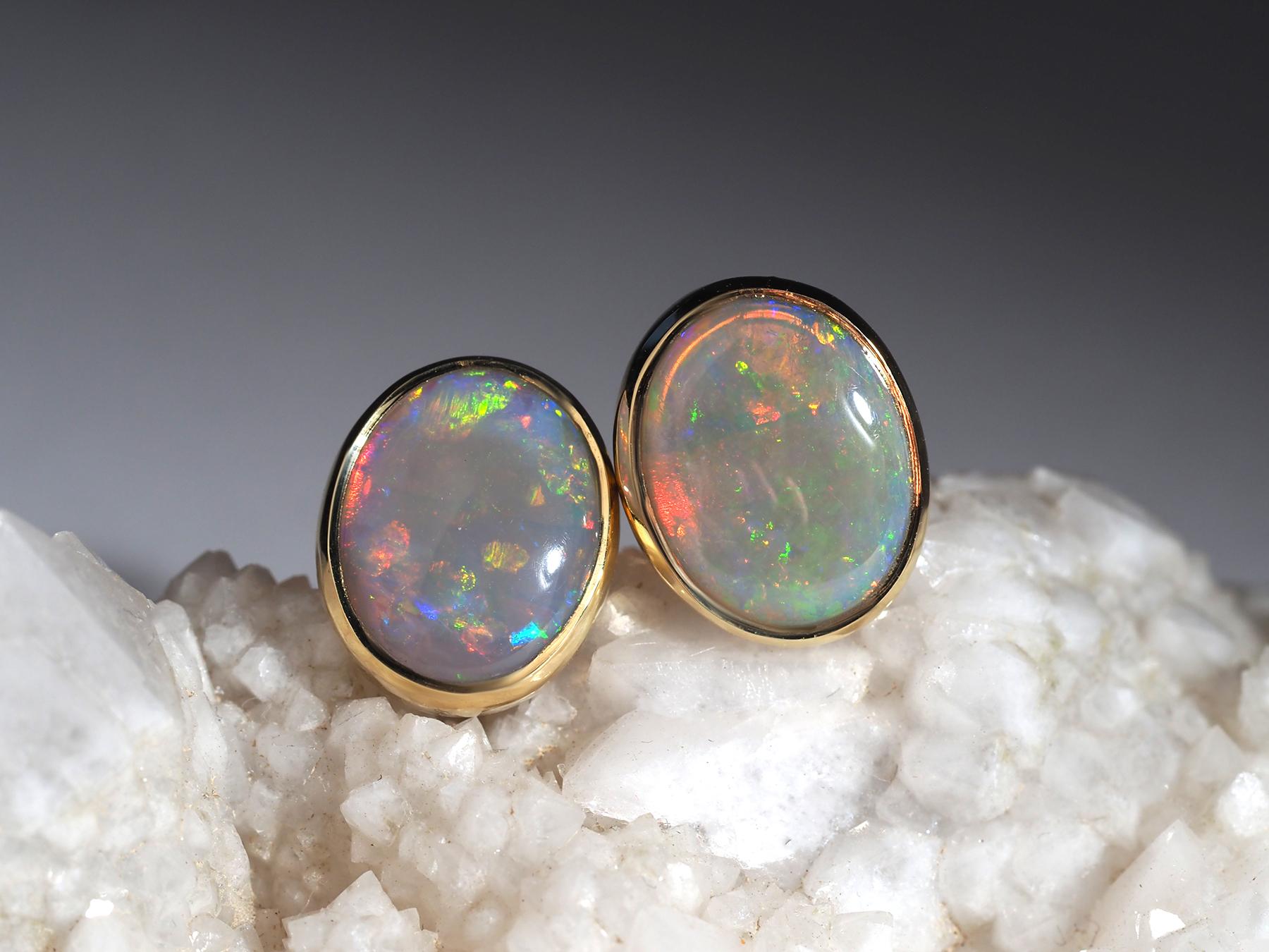 Oval Cut Australian Precious Opal 18K Yellow Gold Stud Earrings For Sale