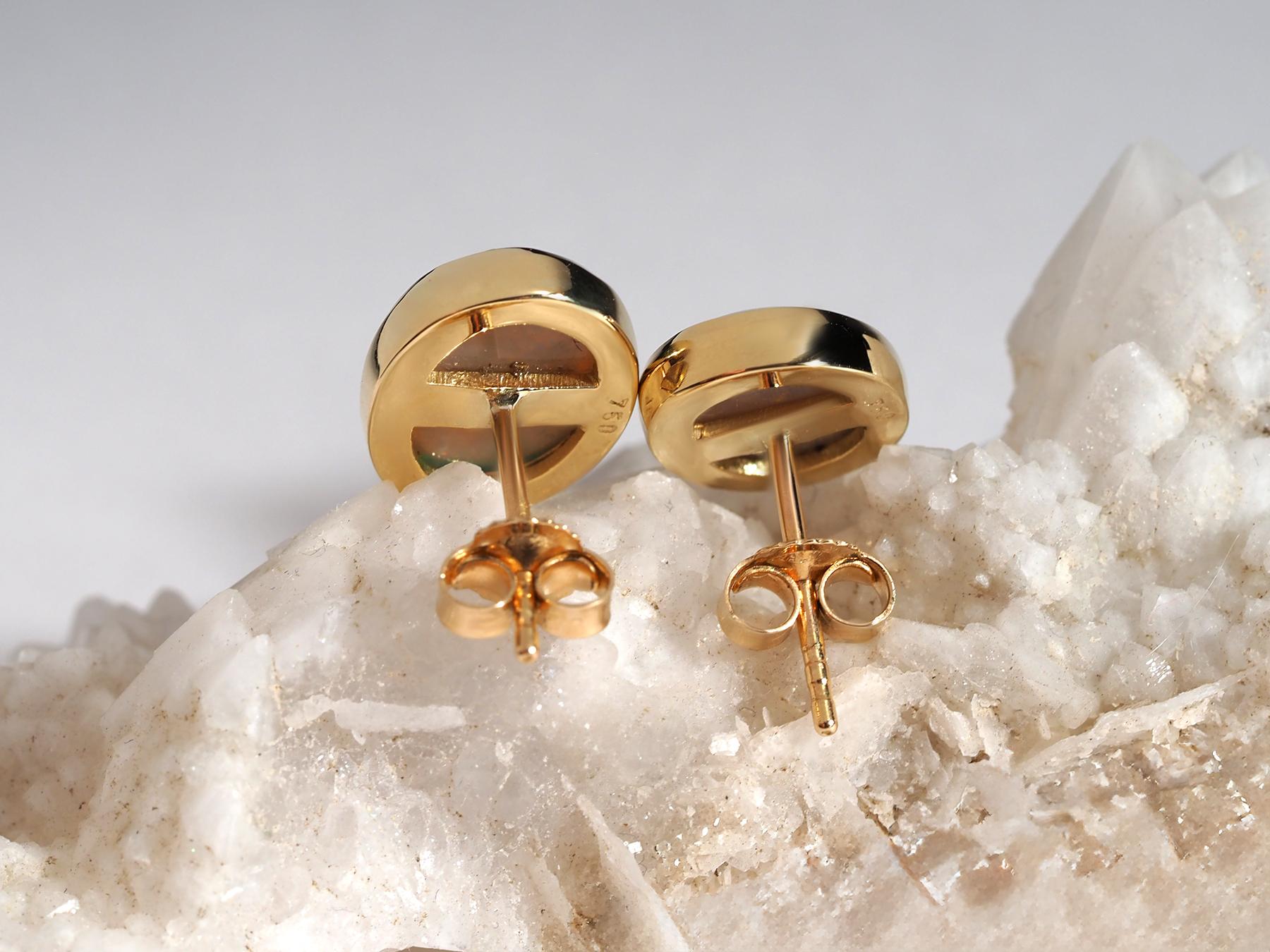 Australian Precious Opal 18K Yellow Gold Stud Earrings For Sale 1