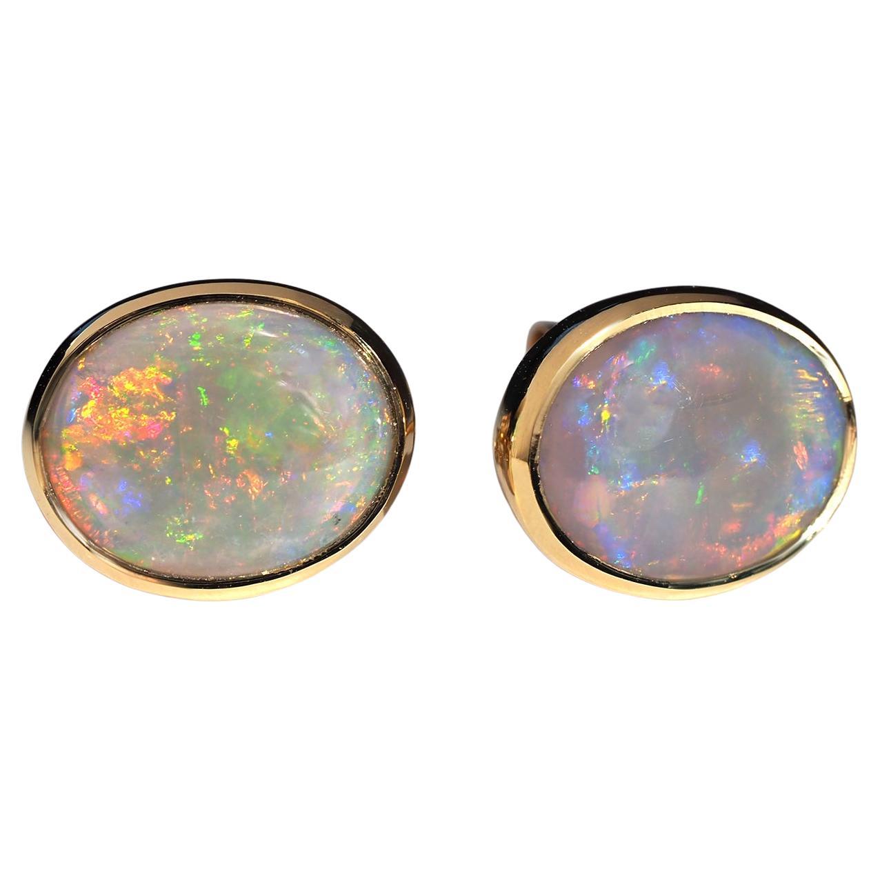Australian Precious Opal 18K Yellow Gold Stud Earrings For Sale
