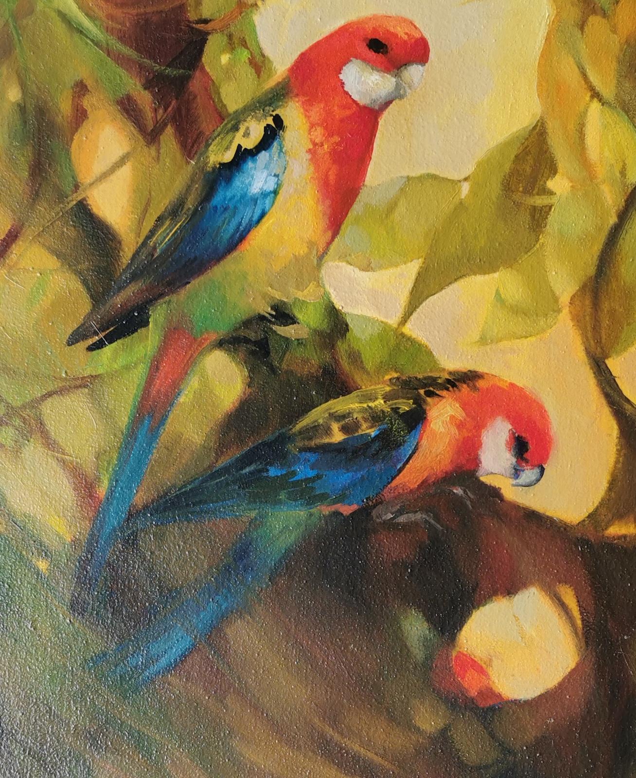 Australian Rosellas Oil Painting In Good Condition For Sale In Paradise Point, Queensland
