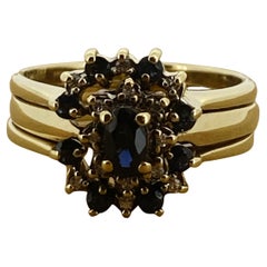 Australian Sapphire & Diamond Cluster Flower-Shaped Retro Ring in 9K Yellow Gold