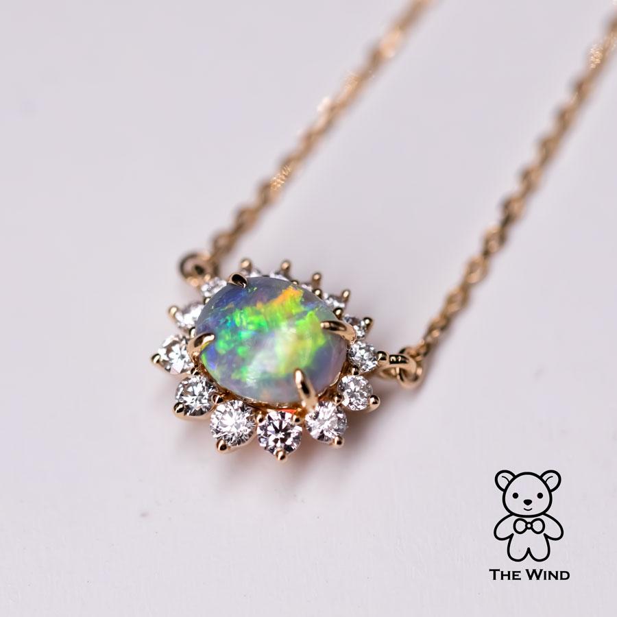 Artist Australian Semi-Black Opal Halo Diamond Necklace 18K Yellow Gold For Sale