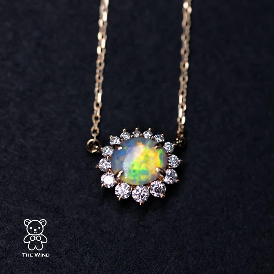 Brilliant Cut Australian Semi-Black Opal Halo Diamond Necklace 18K Yellow Gold For Sale