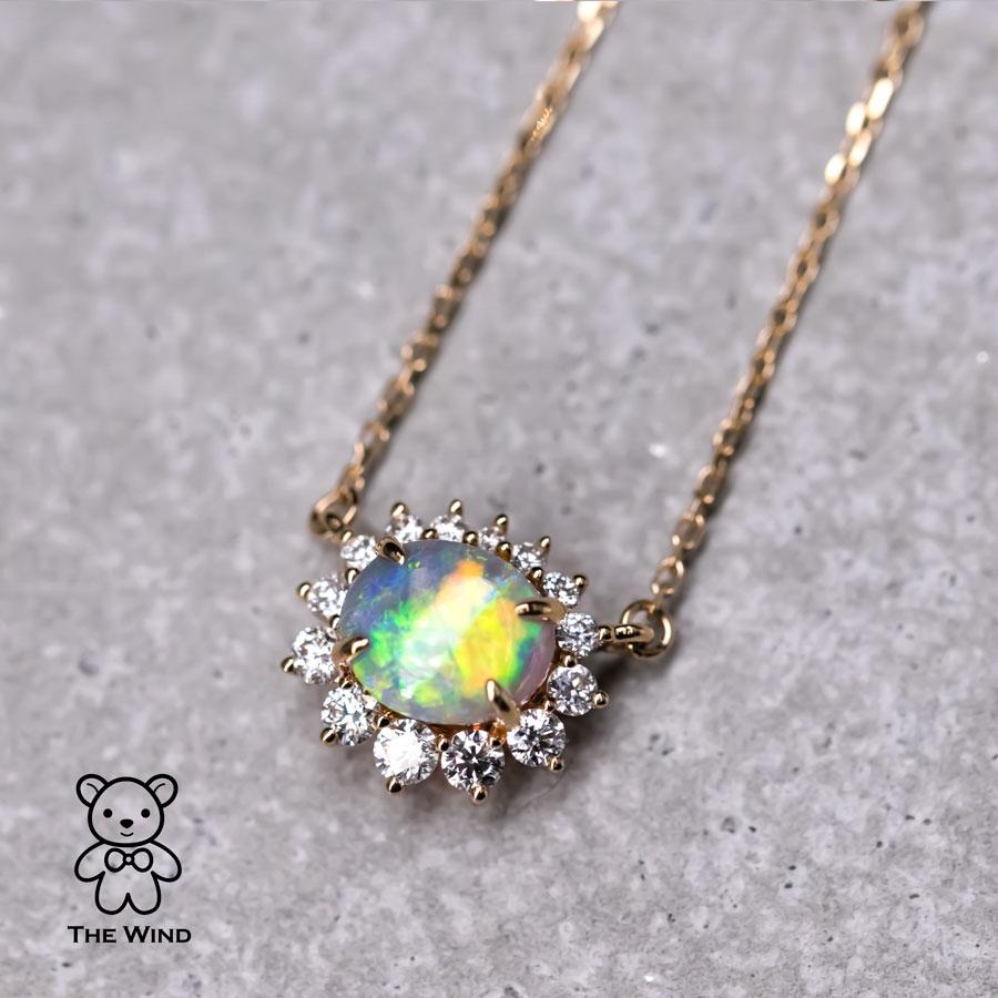 Australian Semi-Black Opal Halo Diamond Necklace 18K Yellow Gold In New Condition For Sale In Suwanee, GA