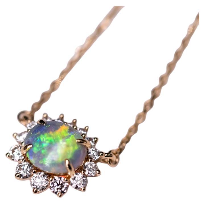 Australian Semi-Black Opal Halo Diamond Necklace 18K Yellow Gold For Sale