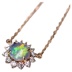 Australian Semi-Black Opal Halo Diamond Necklace 18K Yellow Gold