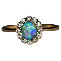Australian Semi-Black Opal Tsavorite Engagement Ring 18K Yellow Gold
