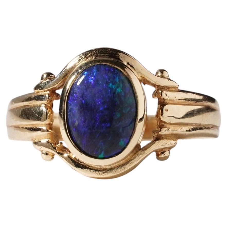 Australian Solid 1ct Black Opal Signet Ring 14K Gold Blue Green Size M.5 / 6.5
