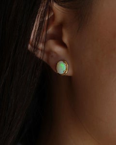 Australian Solid 1ct White Opal Solitaire Stud Earrings in 14ct Gold 8mm x 6mm