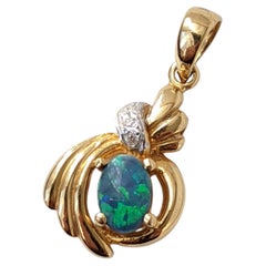 Pendentif en or 18 carats avec opale noire australienne et diamant, bleu-vert