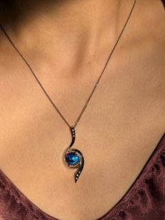 'Lightning Storm' Violet Blue Australian Black Opal Diamond Pendant in 9ct White