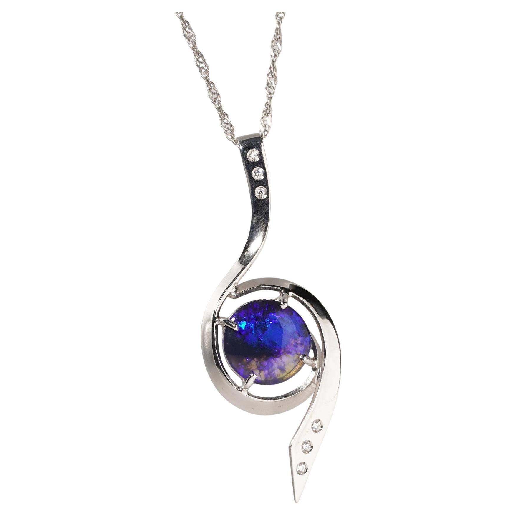 Australischer Massiv Schwarzer Opal Diamant 9Kt Weißgold Anhänger Blitzförmig