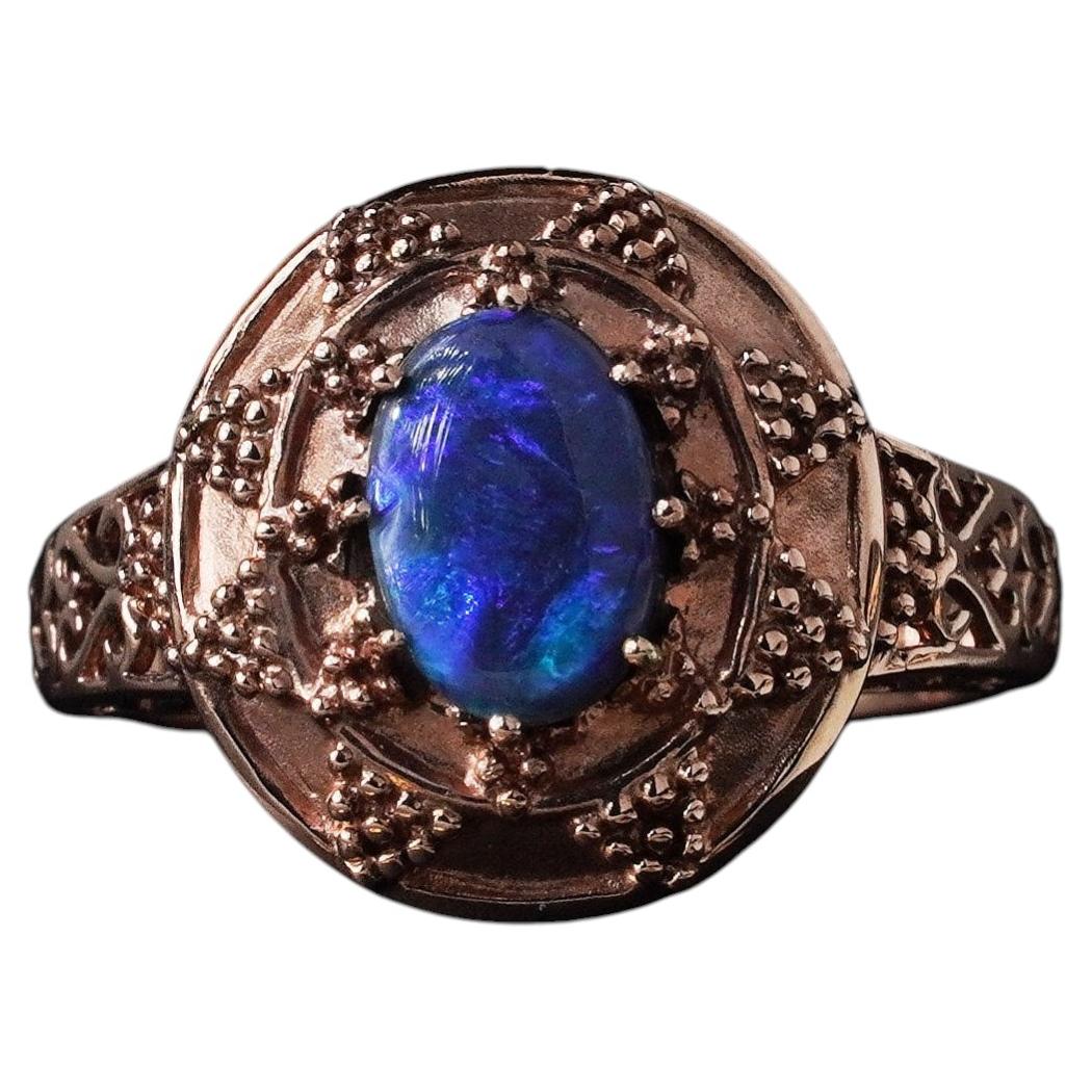 Australian Solid Black Opal Domed Signet Ring 9ct Rose Gold Size S / 9.25 For Sale
