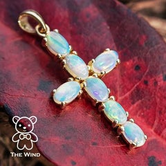 Australian Solid Opal Cross Pendant Necklace 14K Yellow Gold