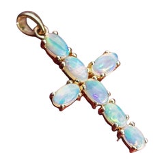 Australian Solid Opal Cross Pendant Necklace 14K Yellow Gold